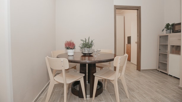 Un comedor con una mesa redonda, cuatro sillas y dos plantas en macetas.