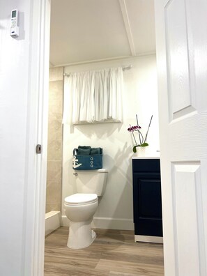 A bathroom with a toilet, a blue bag hanging on the wall, and a potted plant.