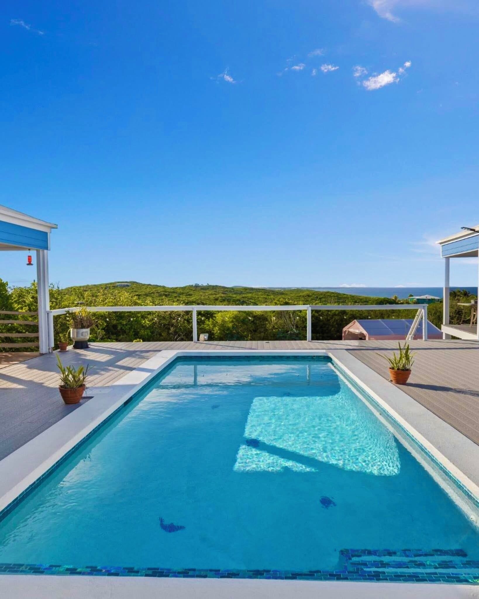 A rectangular swimming pool with clear blue water, surrounded by a wooden deck, white railings, and potted plants.