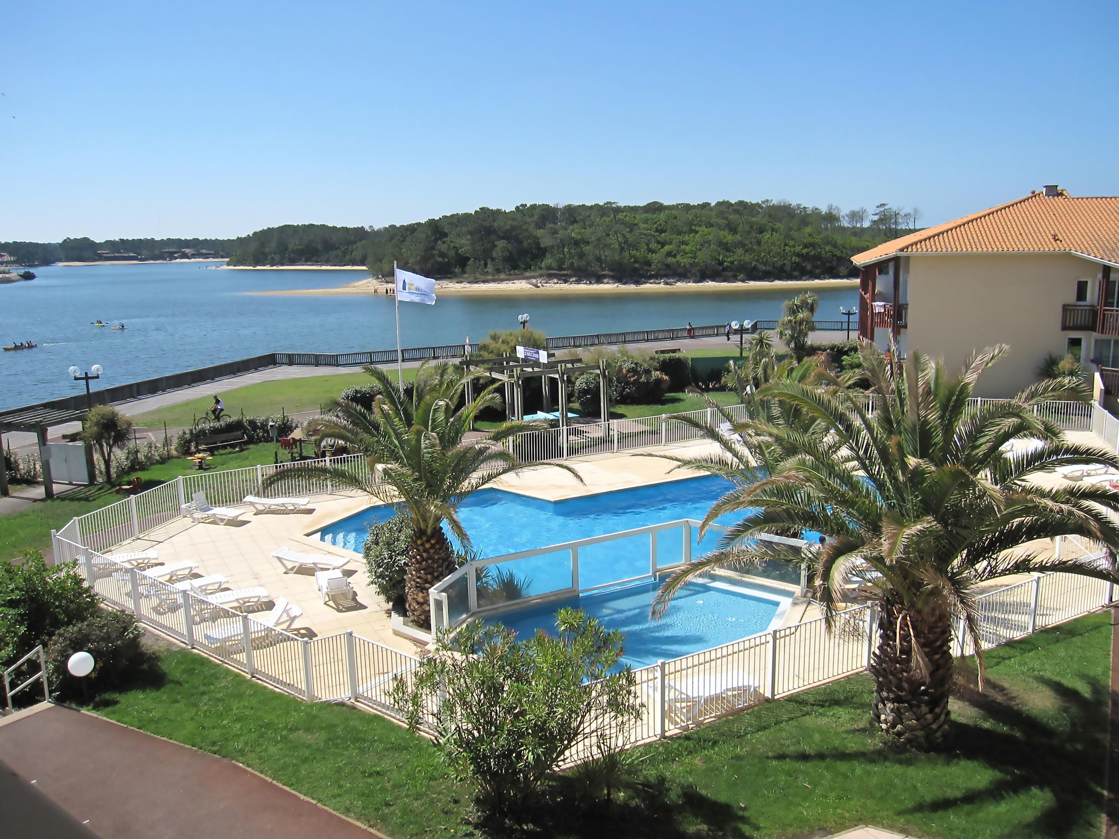 Piscina con vista al mar, rodeada de palmeras y un área delimitada con sillas de descanso.