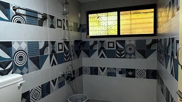 Shower, towels, soap, toilet paper