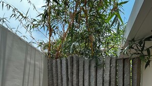 Eine Terrasse mit Tisch und Stühlen, eine Steinmauer und eine Bambuspflanze.