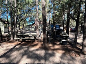 Outdoor dining - Woodland Studio Cabin with Fire Pit Retreat in Lakeside, Arizona (Lakeside)