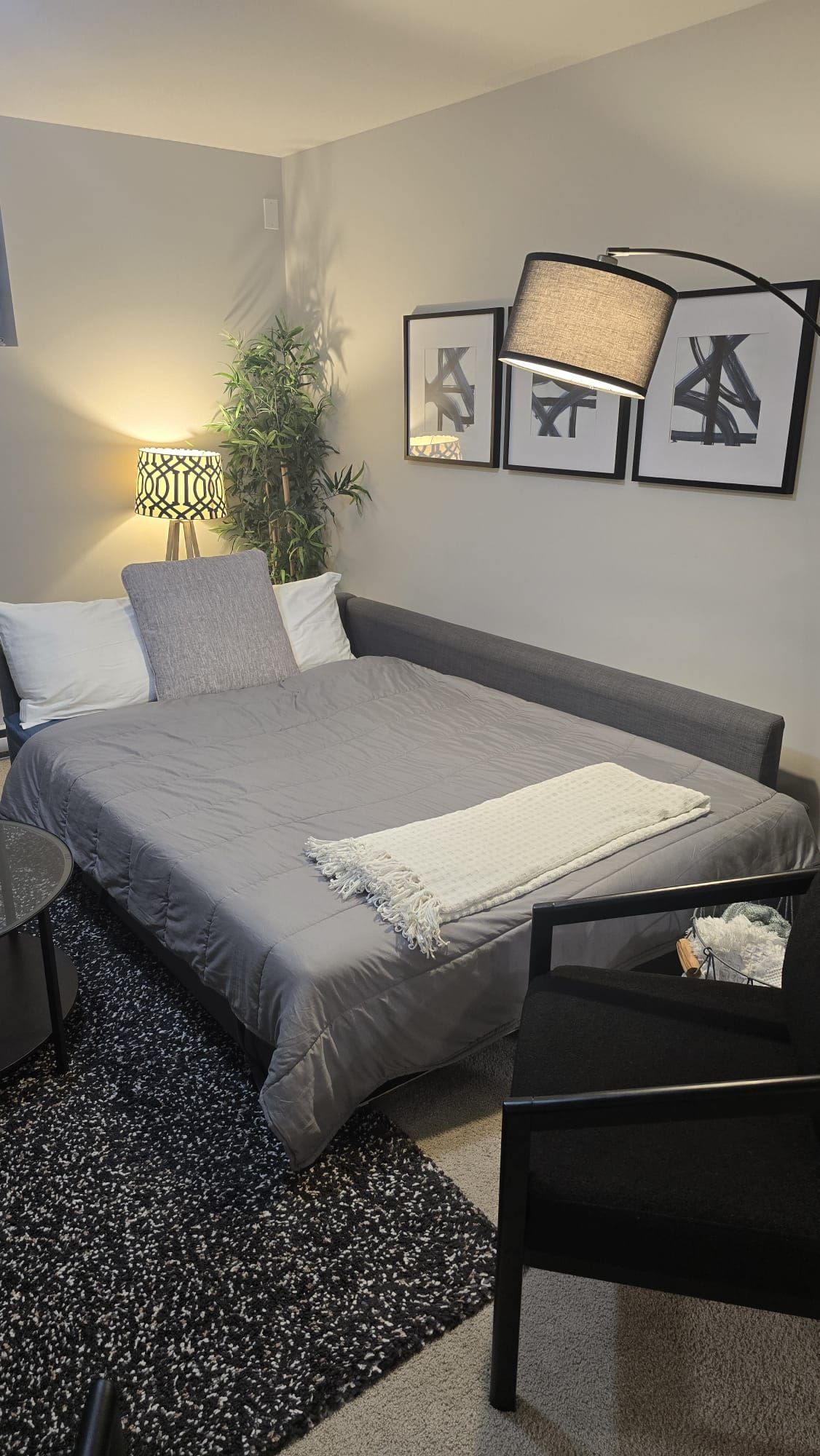 A bedroom with a bed, bedside tables, a lamp, framed artwork, and a potted plant.