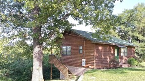 Una baita di legno con una scala in legno che conduce a una porta verde, circondata da alberi e un prato.