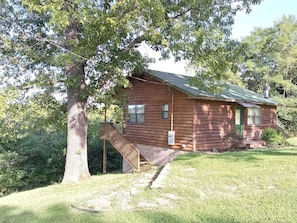 A log cabin with a wooden staircase leading to a green door, surrounded by trees and a grassy yard. - Riverfront Blue Heron Cabin on the Kings River (Berryville)
