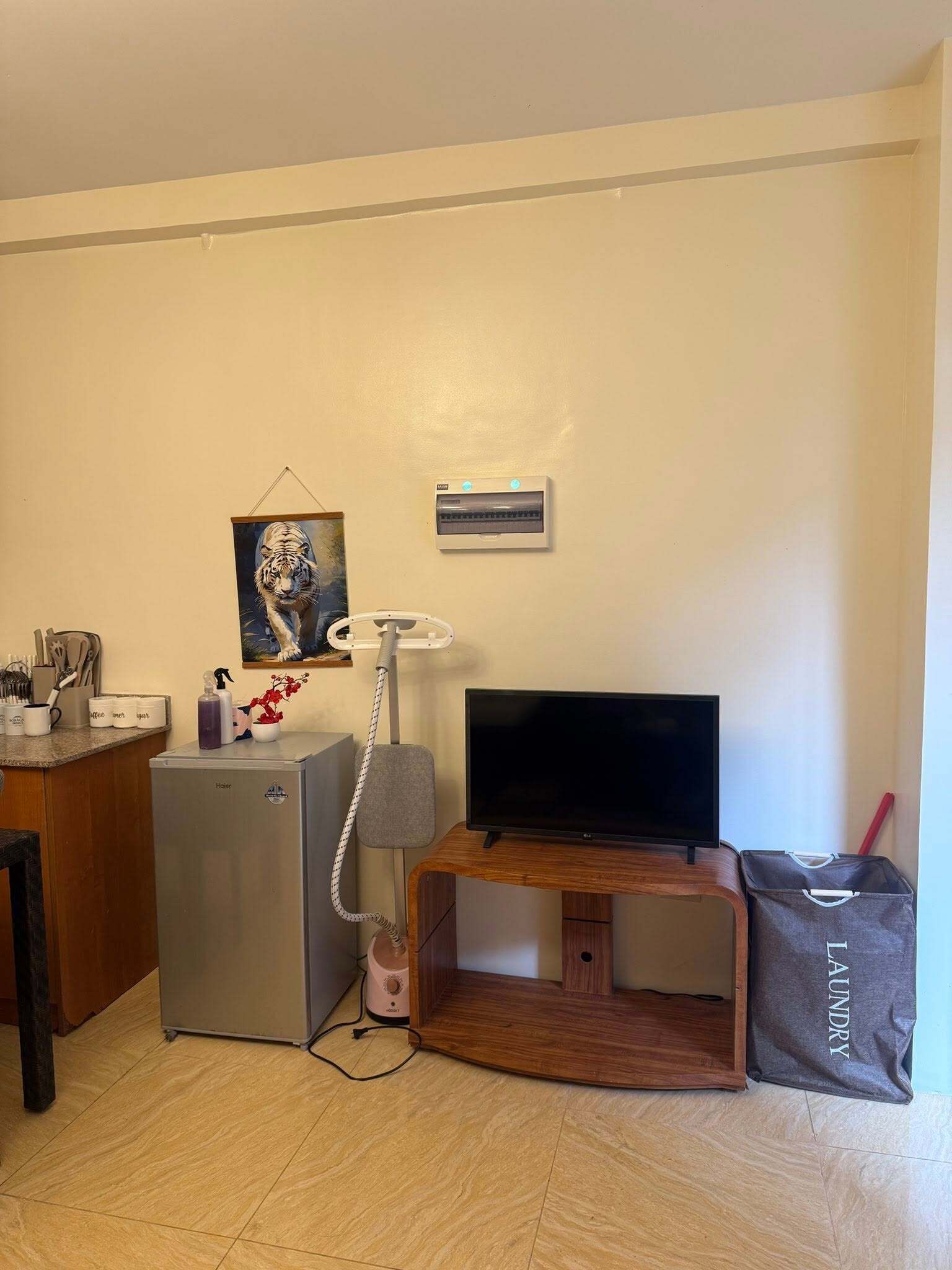 A compact living space with a kitchenette, a television, a small refrigerator, and a vacuum cleaner.