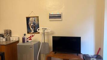 A compact living space with a kitchenette, a television, a small refrigerator, and a vacuum cleaner.