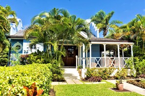 A house with a porch, surrounded by lush greenery and palm trees.