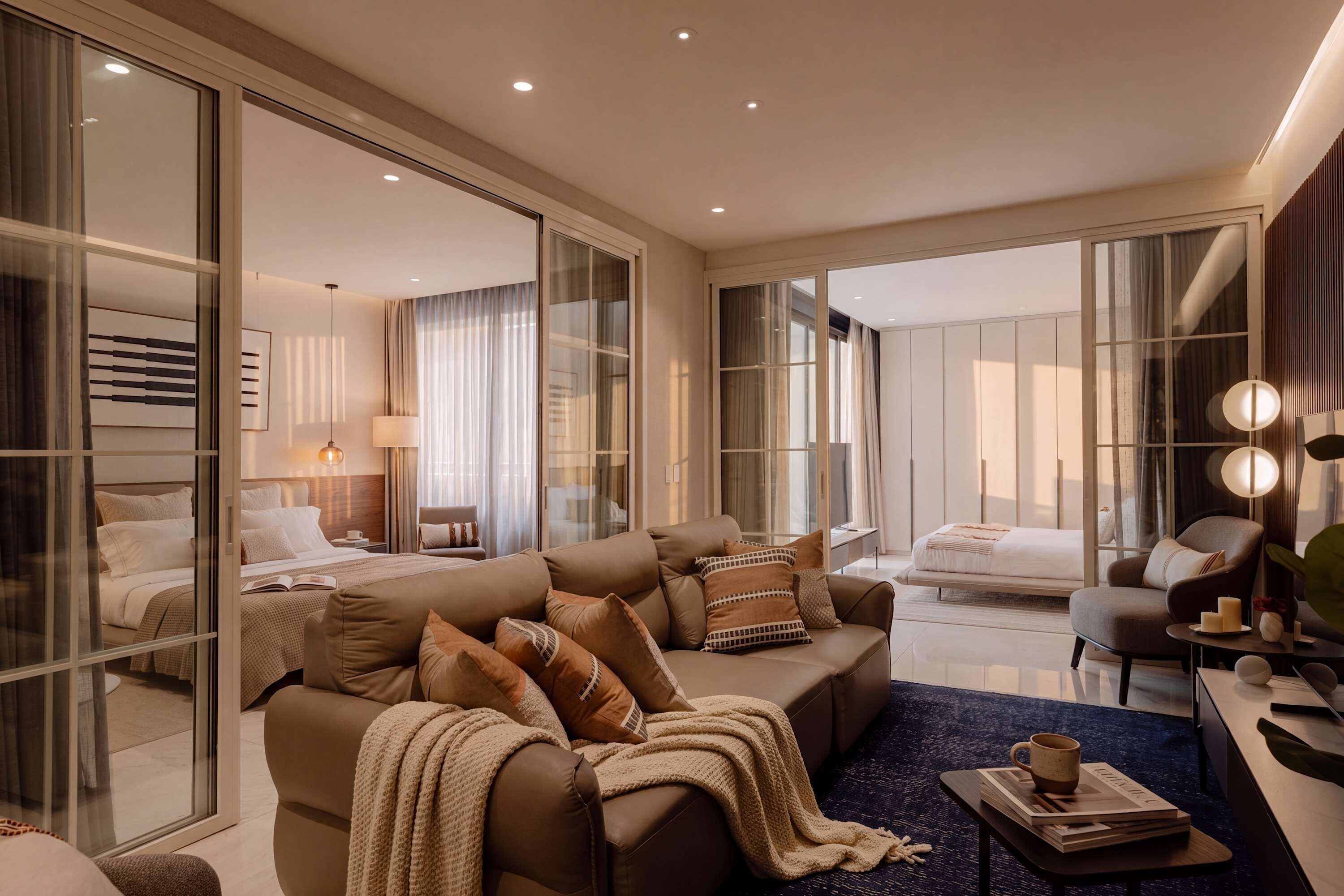 Habitación de hotel moderna con una cama grande, un sofá, un escritorio y vistas a través de un ventanal.