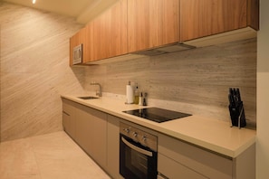 Eine moderne Küche mit Holzschränken, einem Backofen, einer Spüle und einem schwarzen Induktionskochfeld.