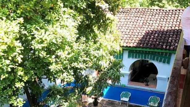 A courtyard with a fountain, a small building with a tiled roof, and a tree. - Copper Canyon Riverside Lodge (Batopilas)