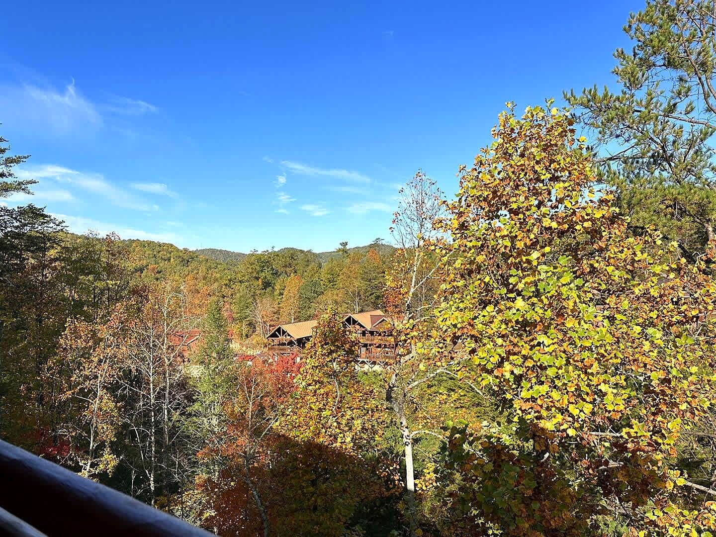 A cabin surrounded by autumn foliage with a clear sky.