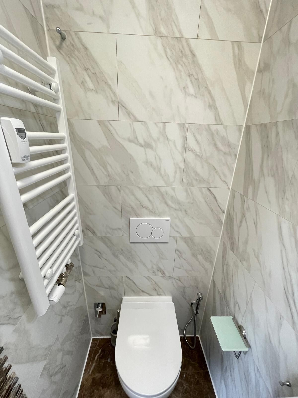 Een badkamer met toilet, douche en handdoekradiator.