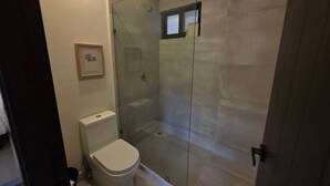 A modern bathroom with a glass-enclosed shower, a toilet, and a framed picture on the wall. - Departamento una recámara en Santa Cruz (Bahía de Santa Cruz Huatulco)
