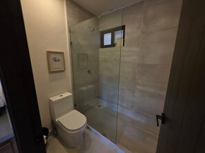 Ein modernes Badezimmer mit einer gläsernen Duschkabine, einer Toilette und einem gerahmten Bild an der Wand.