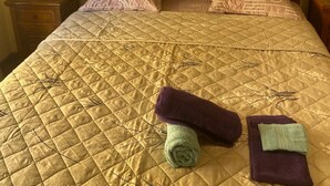 A bed with a quilted bedspread, two pillows, a wooden headboard, and a nightstand with a lamp. - Cinderella apartment with private sundeck candolim (Candolim)