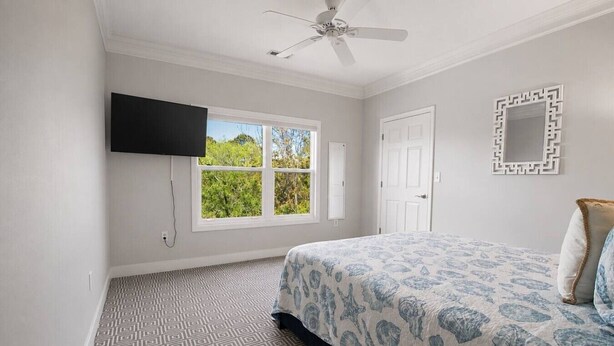 A bedroom with a bed, a ceiling fan, a TV mounted on the wall, a window with a view of greenery, and a patterned carpet. - Furnished Monthly Rental near Folly (Charleston)