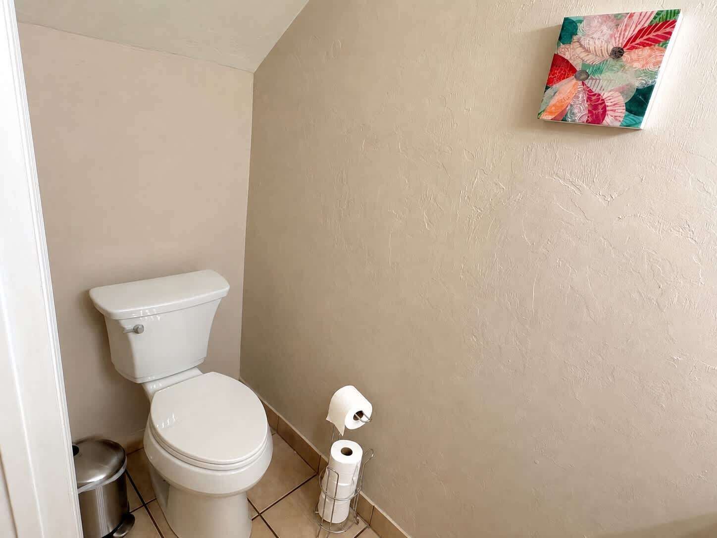 Un baño con inodoro, un cubo de basura y un dispensador de papel higiénico.