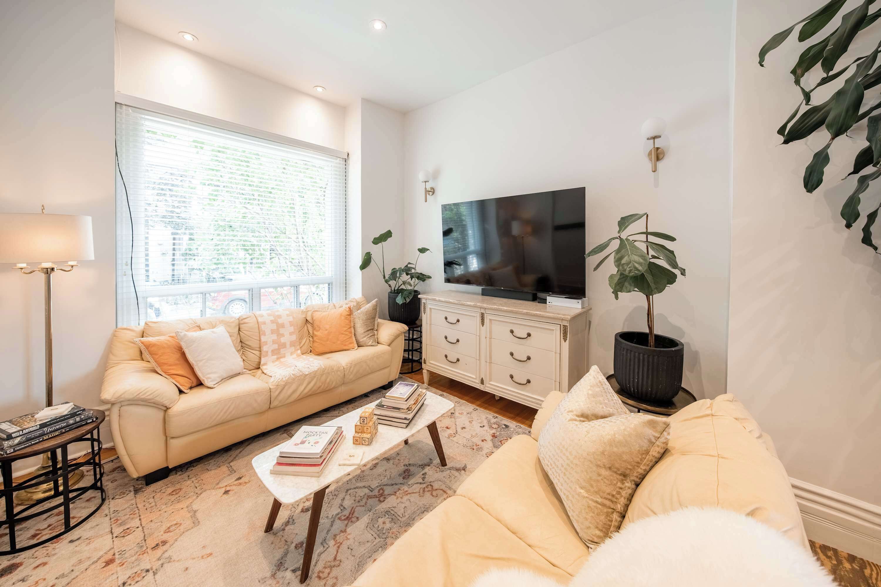 A living room with a sofa, coffee table, TV, and plants.