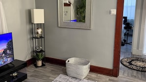 Un saló amb televisió de pantalla plana, una làmpada blanca, un mirall, una cistella teixida i una catifes amb dibuixos.