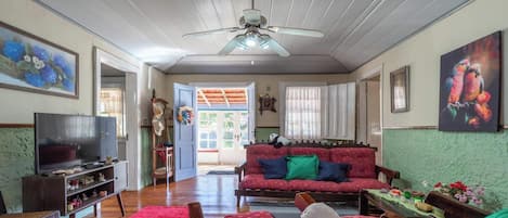 A living room with a television, sofa, and a ceiling fan.