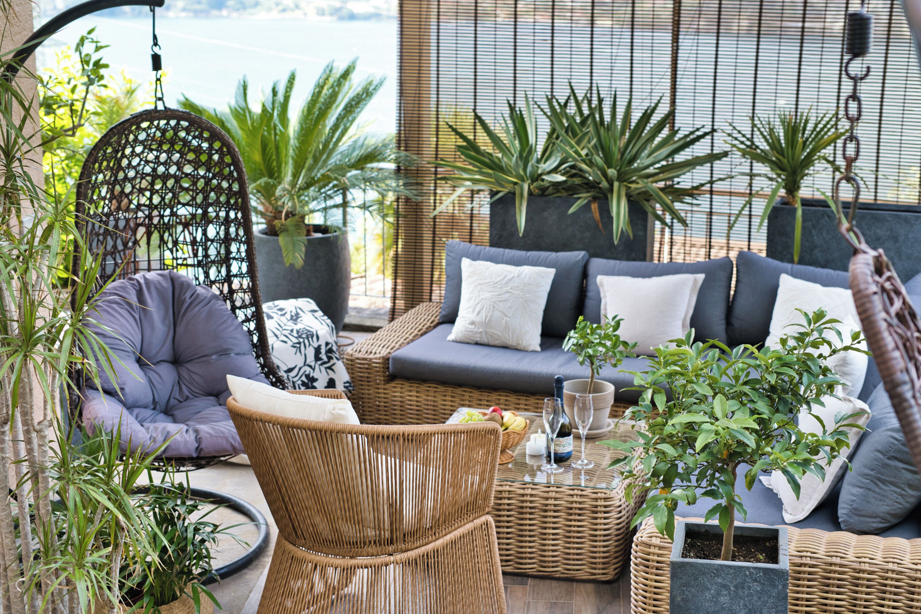 Un espace extérieur accueillant, aménagé avec des meubles en osier, un fauteuil rembourré et un canapé agrémenté de coussins. On y trouve également des plantes en pot et une table sur laquelle sont posés une bouteille et des verres.