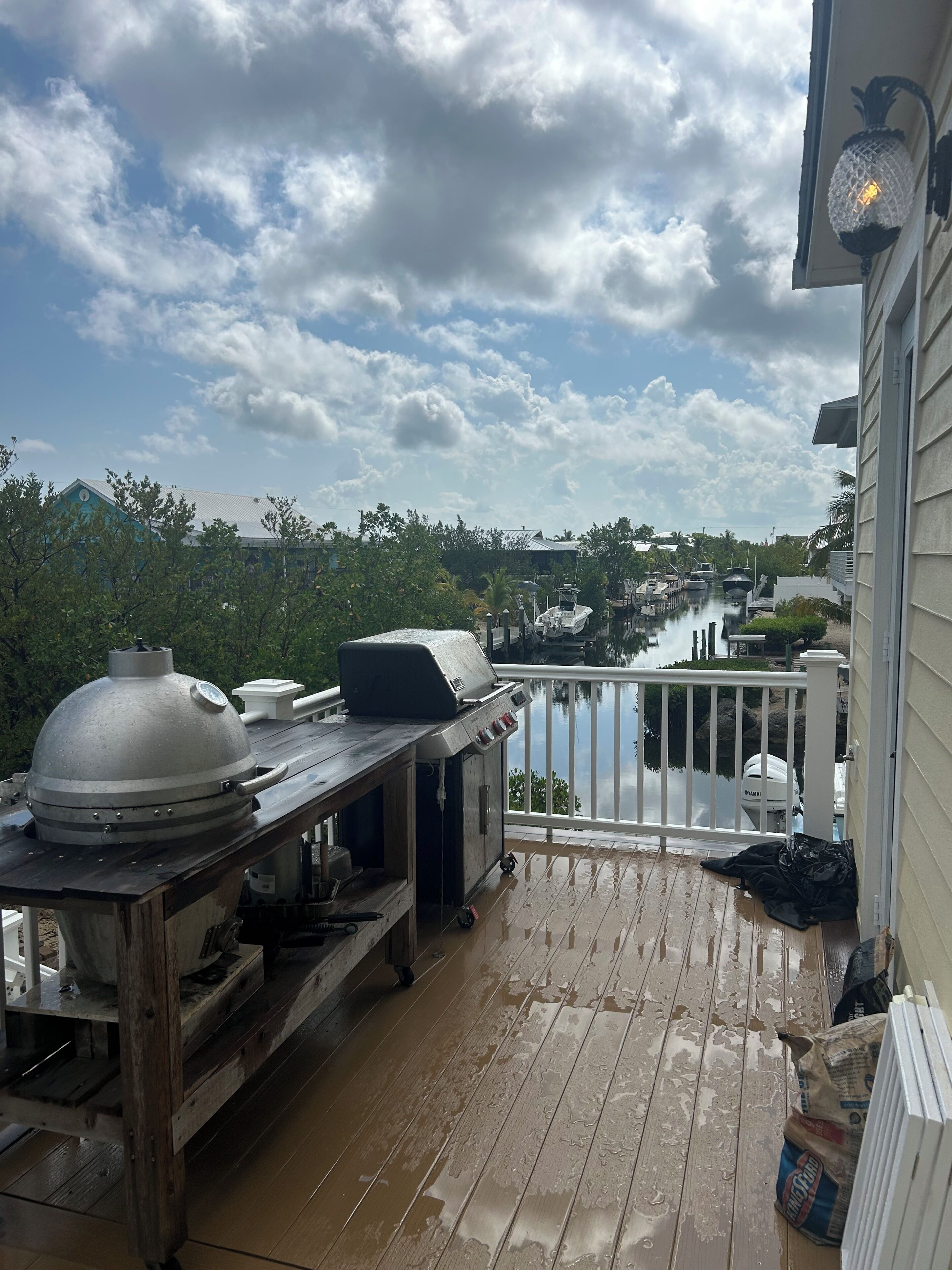 Un espace extérieur abrité, équipé d’un gril et d’ustensiles de barbecue, offrant une vue sur un plan d’eau et doté d’une rambarde surplombant l’eau.