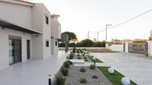 A modern building with a flat roof, a paved driveway, and a landscaped garden with spherical white planters.