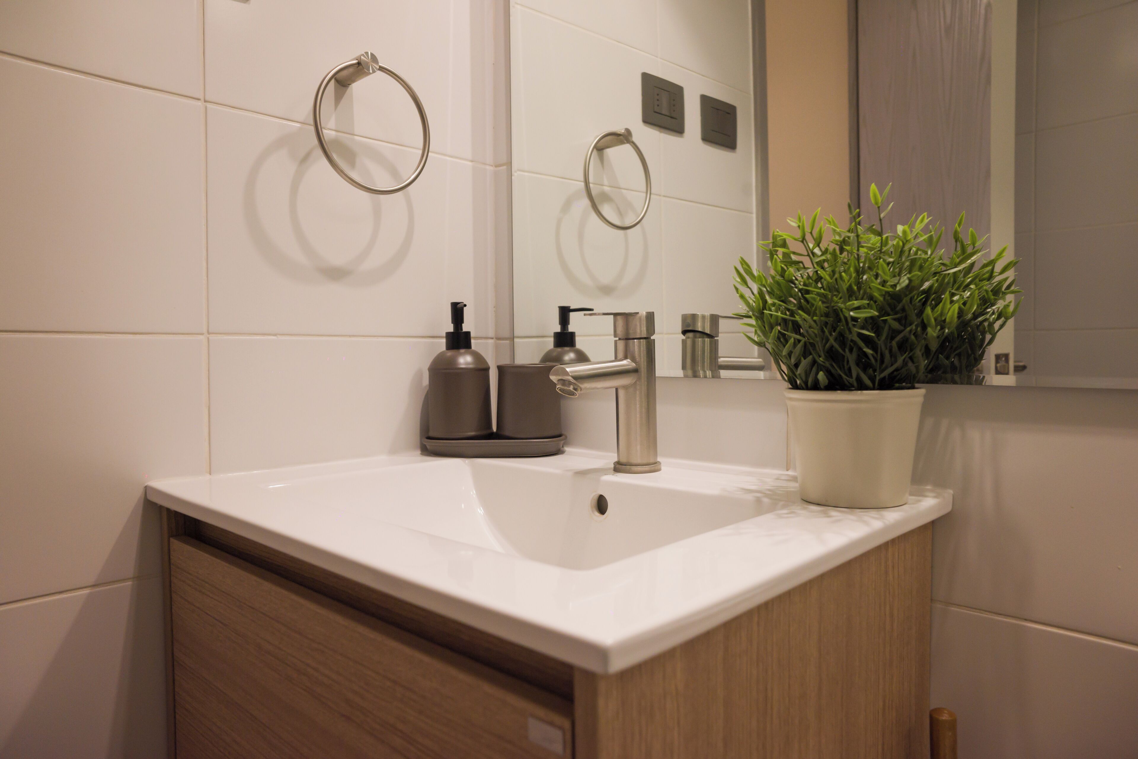 A modern bathroom with a white sink, stainless steel fixtures, and a potted plant.