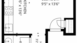 A floor plan with a bedroom measuring 9'5' x 13'6', a kitchen measuring 5'6' x 13'6', and a bathroom measuring 3'2' x 4'6'.