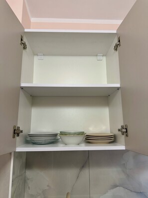 A kitchen cabinet with two shelves, one of which has plates and bowls.