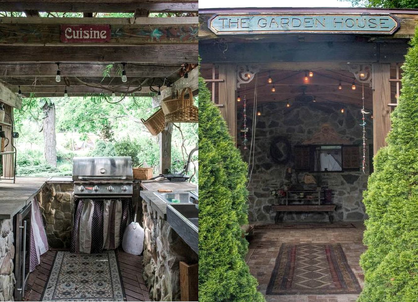 A rustic outdoor kitchen area with a grill, hanging lights, and a stone wall.