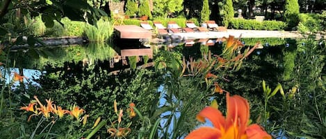 Un jardín tranquilo con un estanque, abundante vegetación y una fila de sillones de sol.