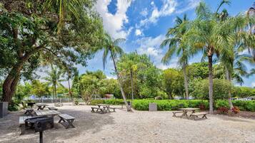 A park with picnic tables, palm trees, and a clear sky.