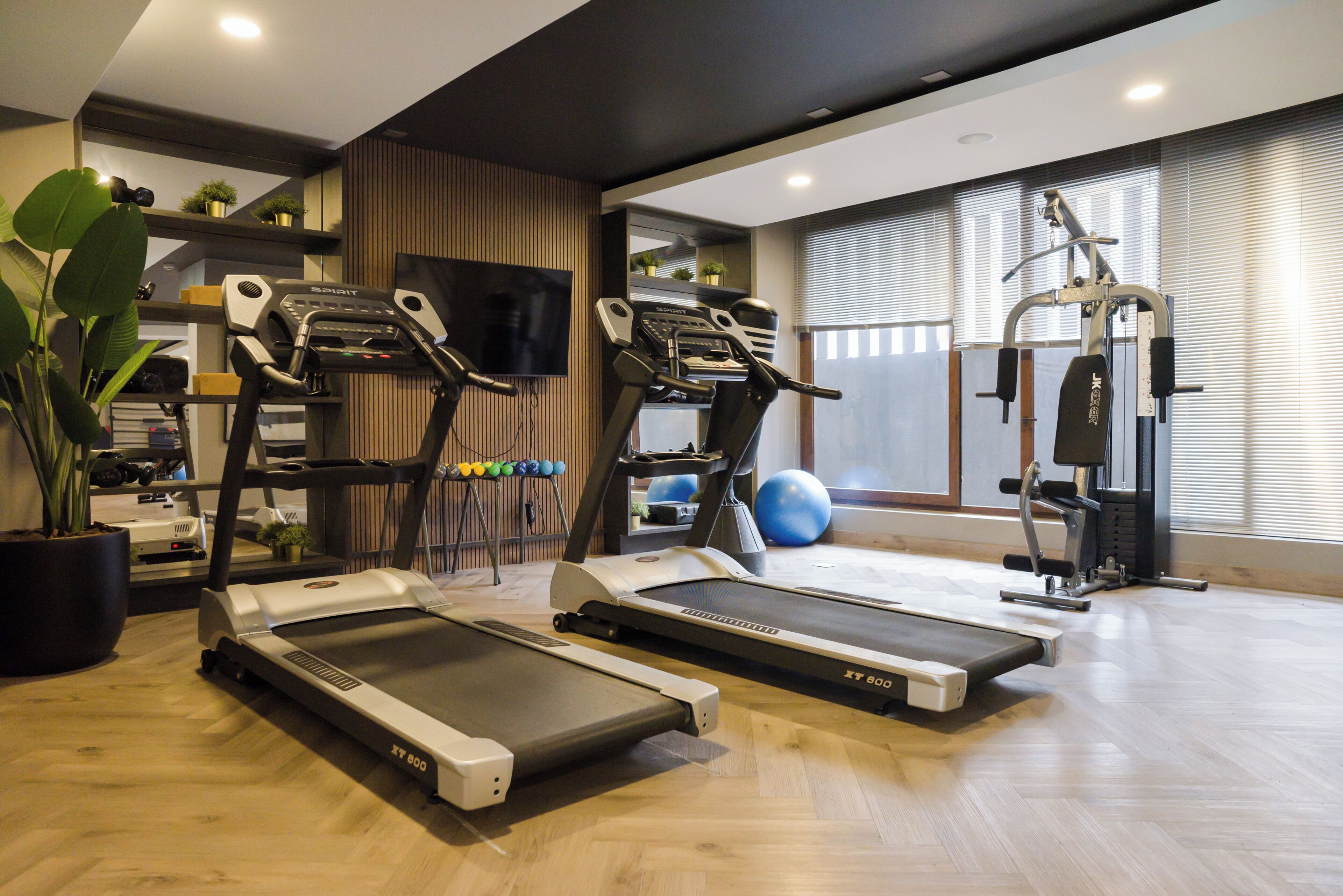 A home gym with treadmills, a stationary bike, and a weight machine.