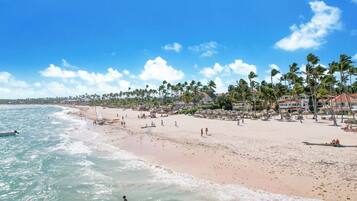 A beach with clear skies, palm trees, and buildings along the shore.