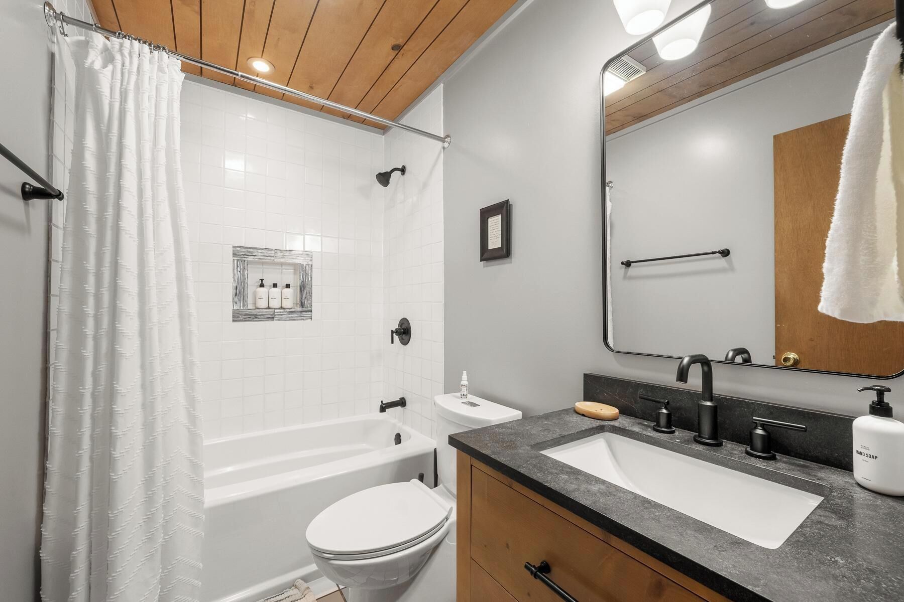 Hair dryer, towels, soap, toilet paper