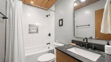 Hair dryer, towels, soap, toilet paper