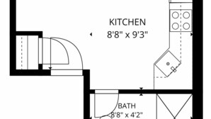 A floor plan with a bedroom measuring 15'2' x 15'2', a kitchen measuring 8'8' x 9'3', and a bathroom measuring 8'8' x 4'2'.