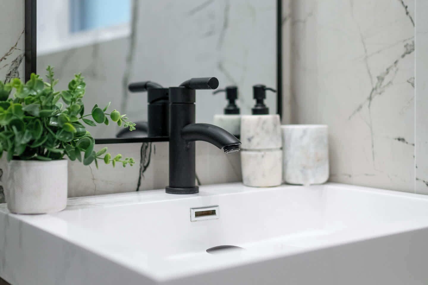 A bathroom with a white sink, black faucet, and a potted plant.