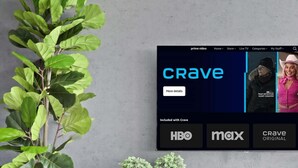 A living room with a television displaying the 'Crave' logo, a potted plant, and a white cabinet.