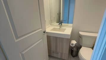 Shower, hair dryer, shampoo