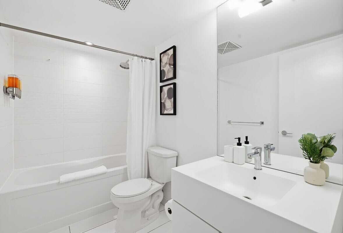 Shower, hair dryer, shampoo