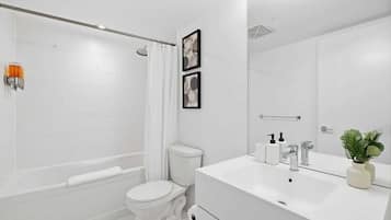 Shower, hair dryer, shampoo