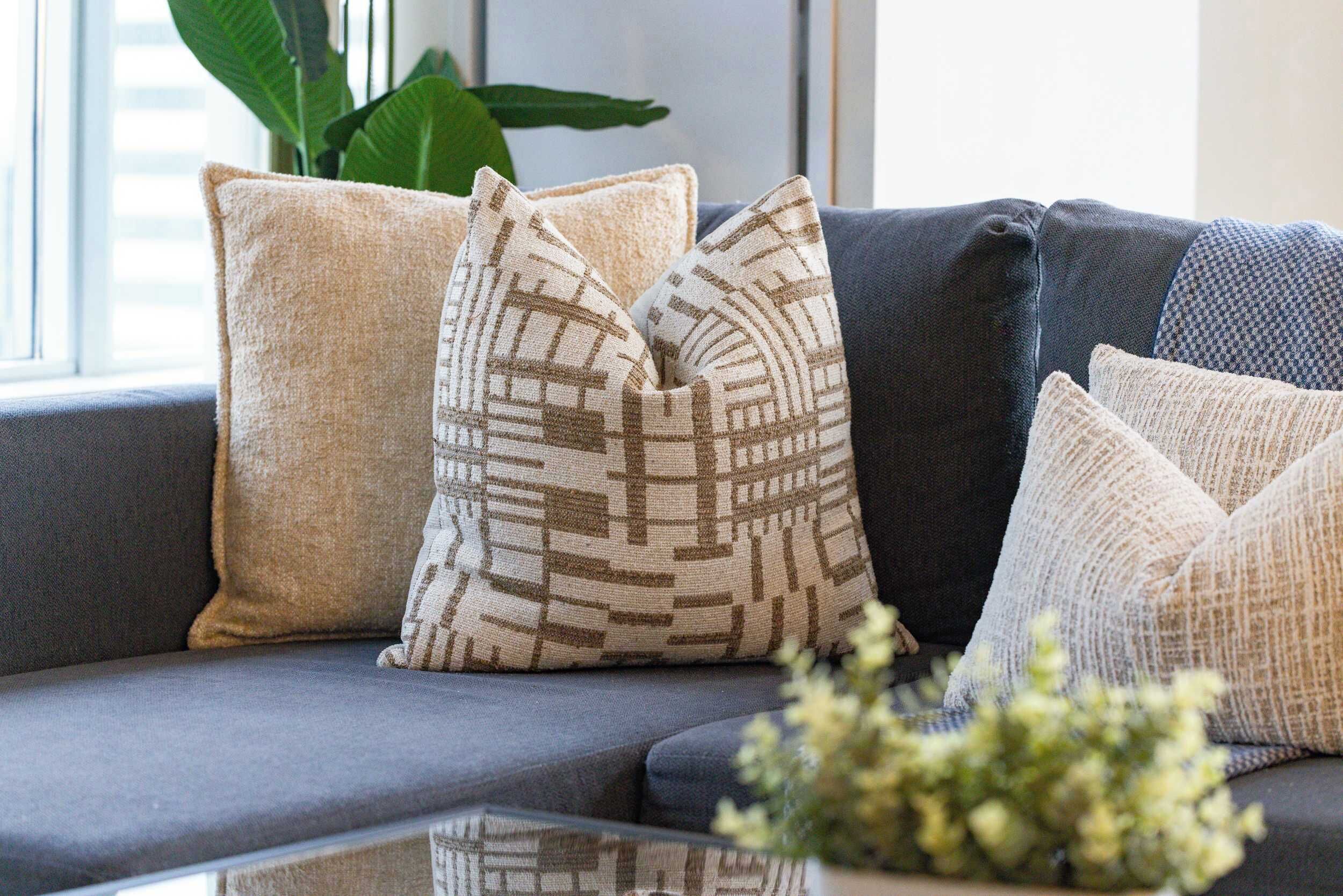 A sofa with patterned cushions and a potted plant on a reflective surface.