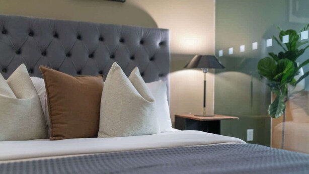 Een net opgemaakt bed met een gestoffeerd hoofdeinde, een nachtkastje met een lamp, en een potplant op de achtergrond.