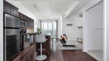 A modern kitchen with stainless steel appliances, a dining area with a bar stool, and a living space with a sofa and a view of the city.