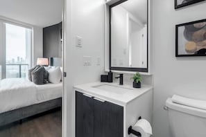Shower, hair dryer, shampoo