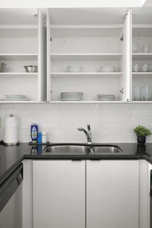 Eine Küche mit weißen Schränken, einer Edelstahl-Spüle und einem Blumentopf auf der Arbeitsfläche.